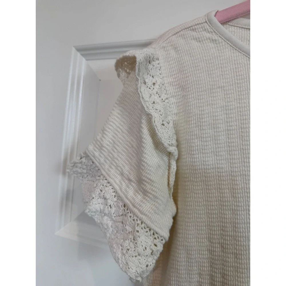 3. Matilda Jane Girls Cream Waffle Knit Crochet Lace Ruffle Short Sleeve Top 10